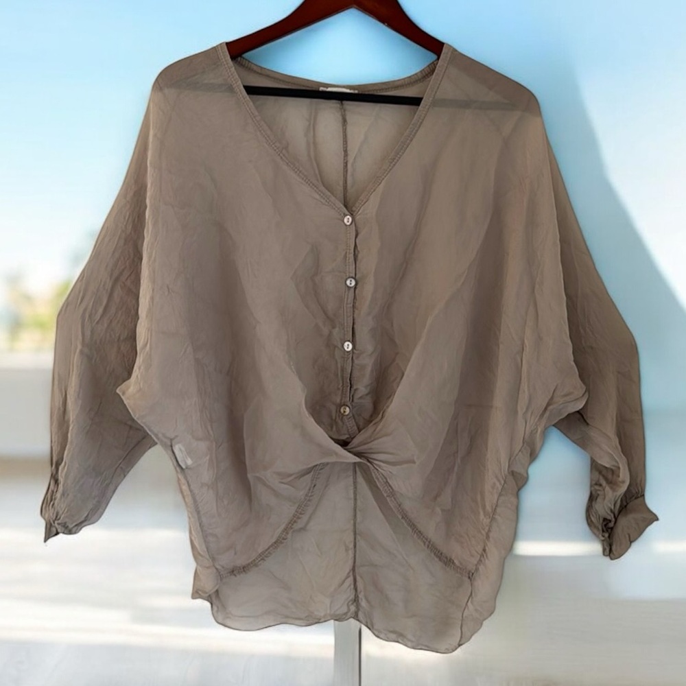 Women's Taupe Sheer Button-Front Blouse